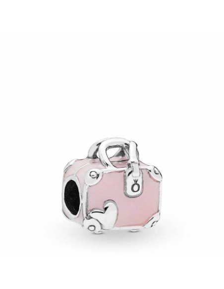 Charm Maleta Rosa de palta con esmalte rosa y grabado "Love travels"