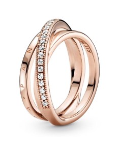 PANDORA LOGO 14K ROSE GOLD-PLATED RING WITH CLEAR CUBIC ZIRCONIA