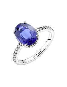 Anillo de compromoiso de plata de ley Halo Brillante con cristal azul ovalado