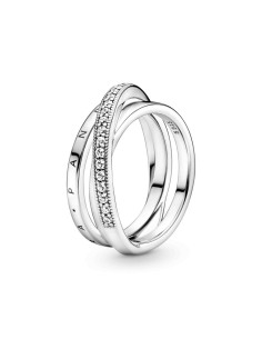 Anillo Pandora de plata de ley con logo y circonitas cúbicas transparentes