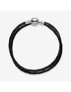 Pulsera Doble de Cuero Negro Trenzado con Cierre en Plata de Ley - Pandora 590745CBK-D1