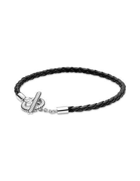 Pulsera Pandora Moments en plata de ley de Cuero Trenzado con Cierre en Forma de T