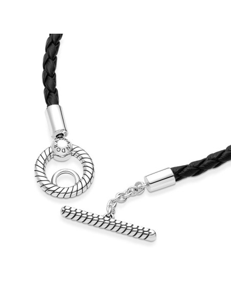Pulsera Pandora Moments en plata de ley de Cuero Trenzado con Cierre en Forma de T