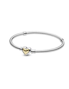 Pulsera Pandora de palta con cadena de serpiente y cierre de corazón y oro de 14k