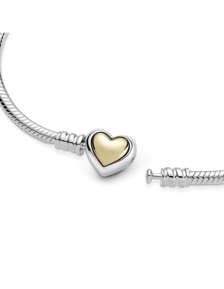 Pulsera Pandora de palta con cadena de serpiente y cierre de corazón y oro de 14k