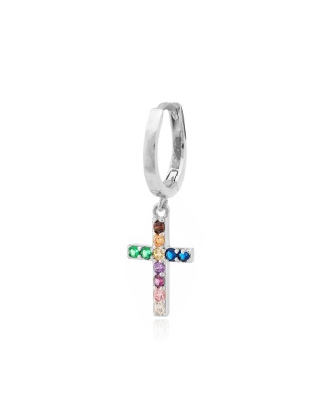Pendiente de aro de plata mini CROSS con circonitas de color