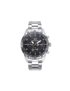 Reloj de hombre Mission multifunción con esfera negra, índices amarillos y brazalete de acero