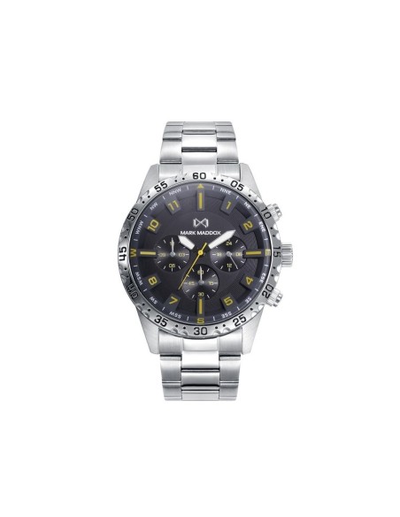 Reloj de hombre Mission multifunción con esfera negra, índices amarillos y brazalete de acero