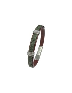 Pulsera IVOIRE para hombre de acero y piel marrón y verde