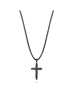 Collar Beat de acero e IP negro con cordón de piel negra y cruz colgante