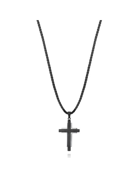 Collar Beat de acero e IP negro con cordón de piel negra y cruz colgante