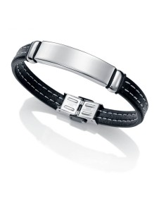 Pulsera de acero piel negra con pespunte