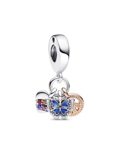 Charm Colgante Triple en plata de ley y con un recubrimiento en oro rosa de 14k Corazón Arcoíris en Dos Tonos, Mariposa & Paz