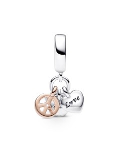 Charm Colgante Triple en plata de ley y con un recubrimiento en oro rosa de 14k Corazón Arcoíris en Dos Tonos, Mariposa & Paz 2