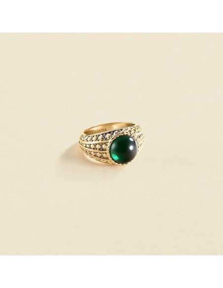 Anillo Ancho Agatha París N-13 Verde/Dorado con Cabujón Esmeralda
