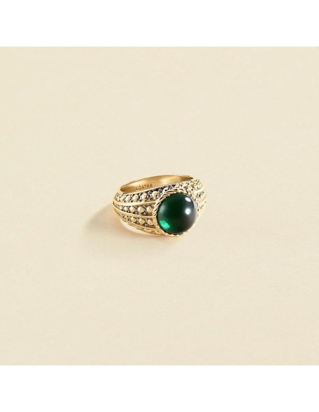 Anillo Ancho Agatha París N-13 Verde/Dorado con Cabujón Esmeralda