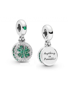Charm Pandora Trébol Brillante con circonita transparente, cristal verde, grabado "Anything is possible"