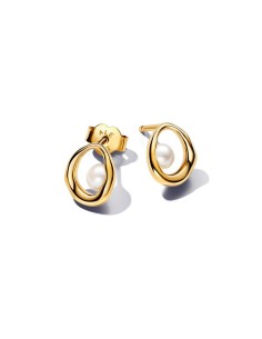 Pendientes de botón con un recubrimiento en oro de 14k Óvalos Forma Orgánica y Perla Cultivada de Agua Dulce​