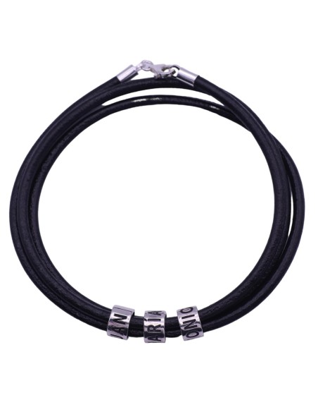 Pulsera piel y plata de ley 925 con cuentas personalizables hasta 6 nombres