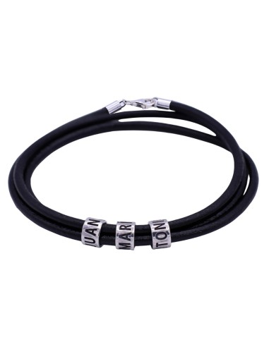 Pulsera piel y plata de ley 925 con cuentas personalizables hasta 6 nombres