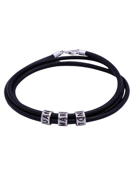 Pulsera piel y plata de ley 925 con cuentas personalizables hasta 6 nombres