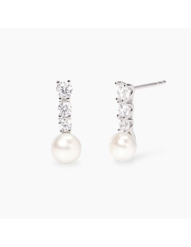 Pendientes colgantes de plata rodiada con circonitas y perla 