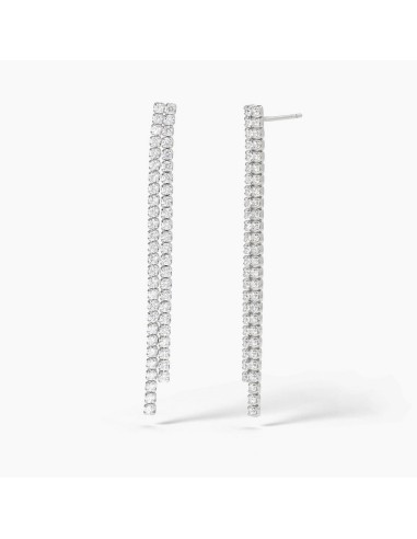 Pendientes largos de plata rodiada con doble fila de circonitas