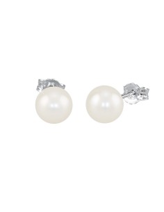 Pendientes de perla blanca con base de plata de ley