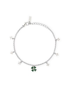 Pulsera de plata con colgantes de circonitas y trébol central verde