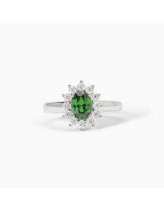 Anillo de plata con circonita verde y orla de circonitas transparentes