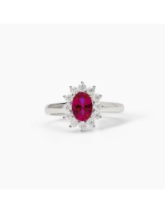 Anillo de plata con circonita roja y orla de circonitas transparentes