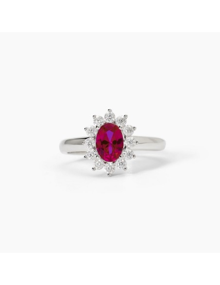 Anillo de plata con circonita roja y orla de circonitas transparentes