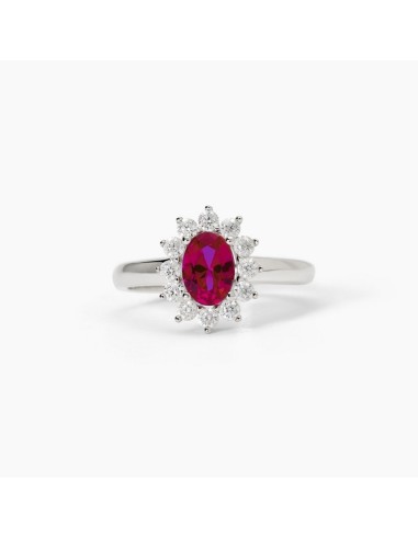 Anillo de plata con circonita roja y orla de circonitas transparentes