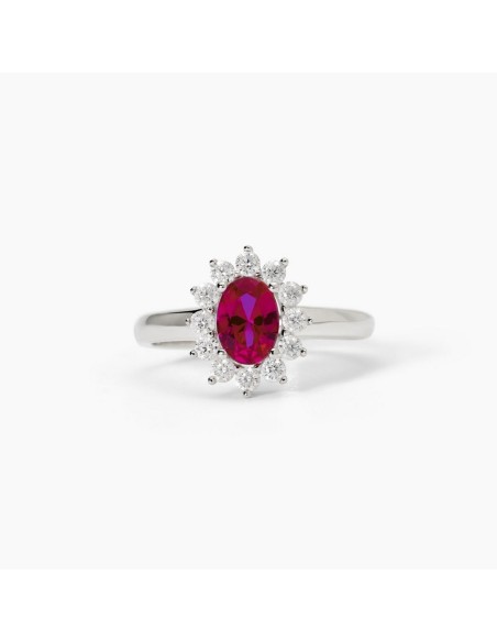Anillo de plata con circonita roja y orla de circonitas transparentes