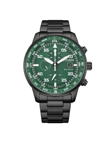 Citizen CA0885‑54X – Reloj Eco‑Drive Aviator 44 mm Acero PVD Negro Esfera Verde