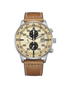 Citizen CA0880‑15X – Reloj Eco‑Drive Aviator 44 mm Acero Correa Piel Marrón / Esfera Beige
