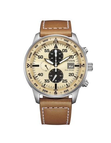 Citizen CA0880‑15X – Reloj Eco‑Drive Aviator 44 mm Acero Correa Piel Marrón / Esfera Beige