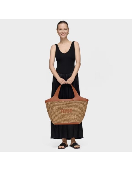Bolso Capazo Grande Camel TOUS Lirio Rafia - Estilo y Funcionalidad en Rafia y Piel