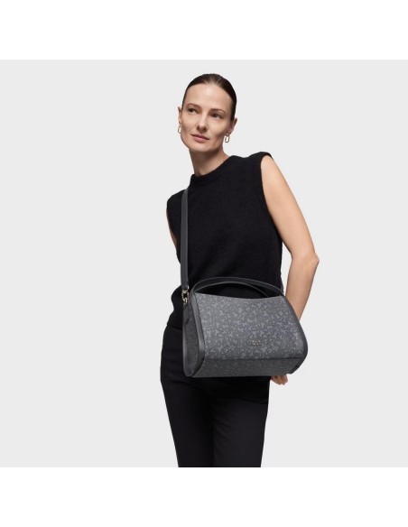 Bolso City Mediano Gris Oscuro Kaos Mini Lines de Lona con Detalles en Piel Sintética - TOUS