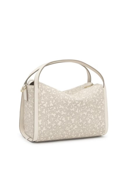 Bolso City Mediano Beige Kaos Mini Lines de Lona con Detalles en Piel Sintética - TOUS