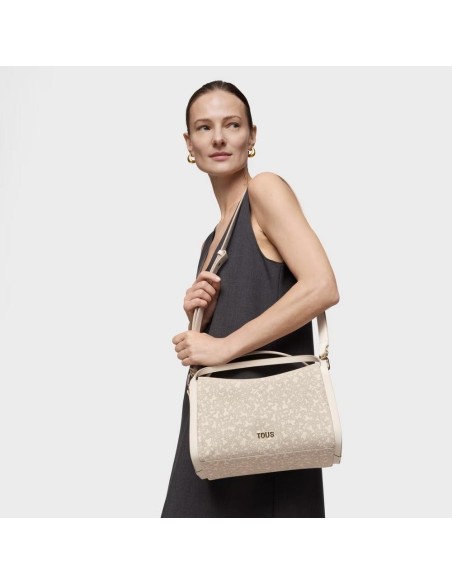 Bolso City Mediano Beige Kaos Mini Lines de Lona con Detalles en Piel Sintética - TOUS