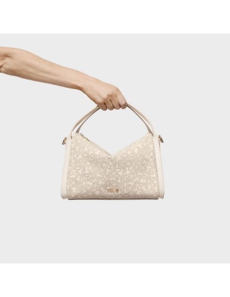 Bolso City Mediano Beige Kaos Mini Lines de Lona con Detalles en Piel Sintética - TOUS