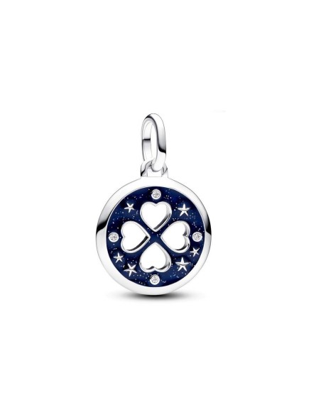 CLOVER STERLING SILVER MEDALLION WITH CLEAR CUBIC ZIRCONIA AND GLITTERY BUE ENAMEL