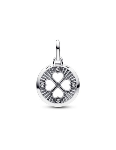 CLOVER STERLING SILVER MEDALLION WITH CLEAR CUBIC ZIRCONIA AND GLITTERY BUE ENAMEL