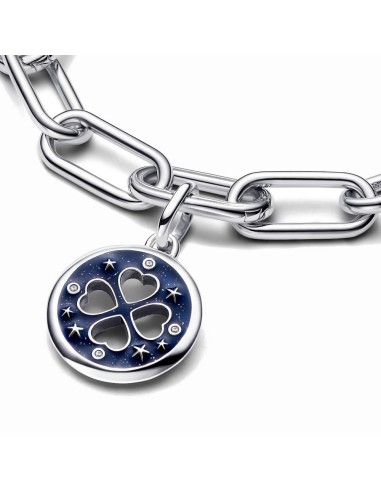 CLOVER STERLING SILVER MEDALLION WITH CLEAR CUBIC ZIRCONIA AND GLITTERY BUE ENAMEL