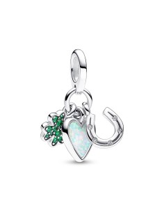 Charm Colgante Triple en plata de ley Trébol de Cuatro Hojas, Corazón y Herradura Pandora
