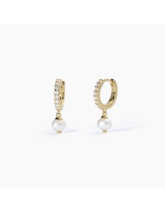 Pendientes Aro MABINA GIOIELLI en Plata de Ley con Baño de Oro 18K, Circonitas y Perla | Aros Colgantes para Mujer