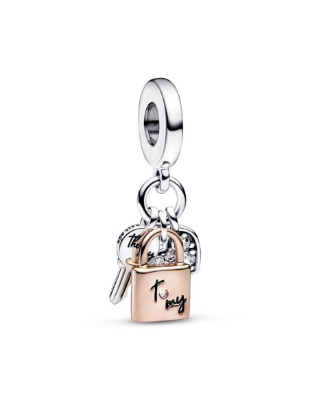 Charm Colgante Triple en plata de ley y con un recubrimiento en oro rosa de 14k Llave, Candado & Corazón en Dos Tonos​