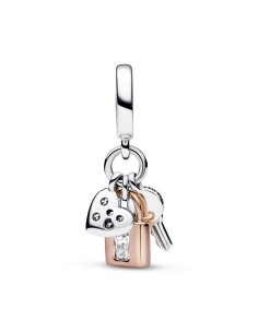 Charm Colgante Triple en plata de ley y con un recubrimiento en oro rosa de 14k Llave, Candado & Corazón en Dos Tonos​ 2