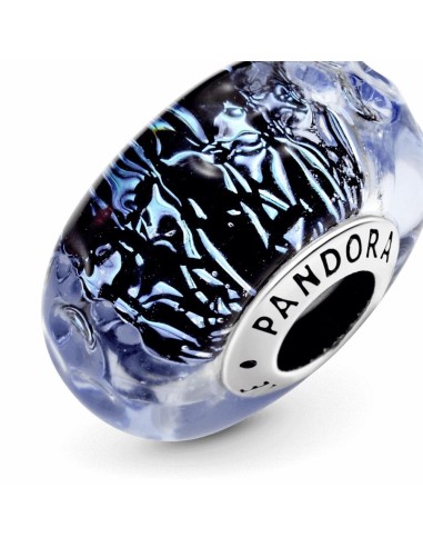 Charm Pandora de plata Ondulado Cristal de Murano iridiscente y azul oscuro